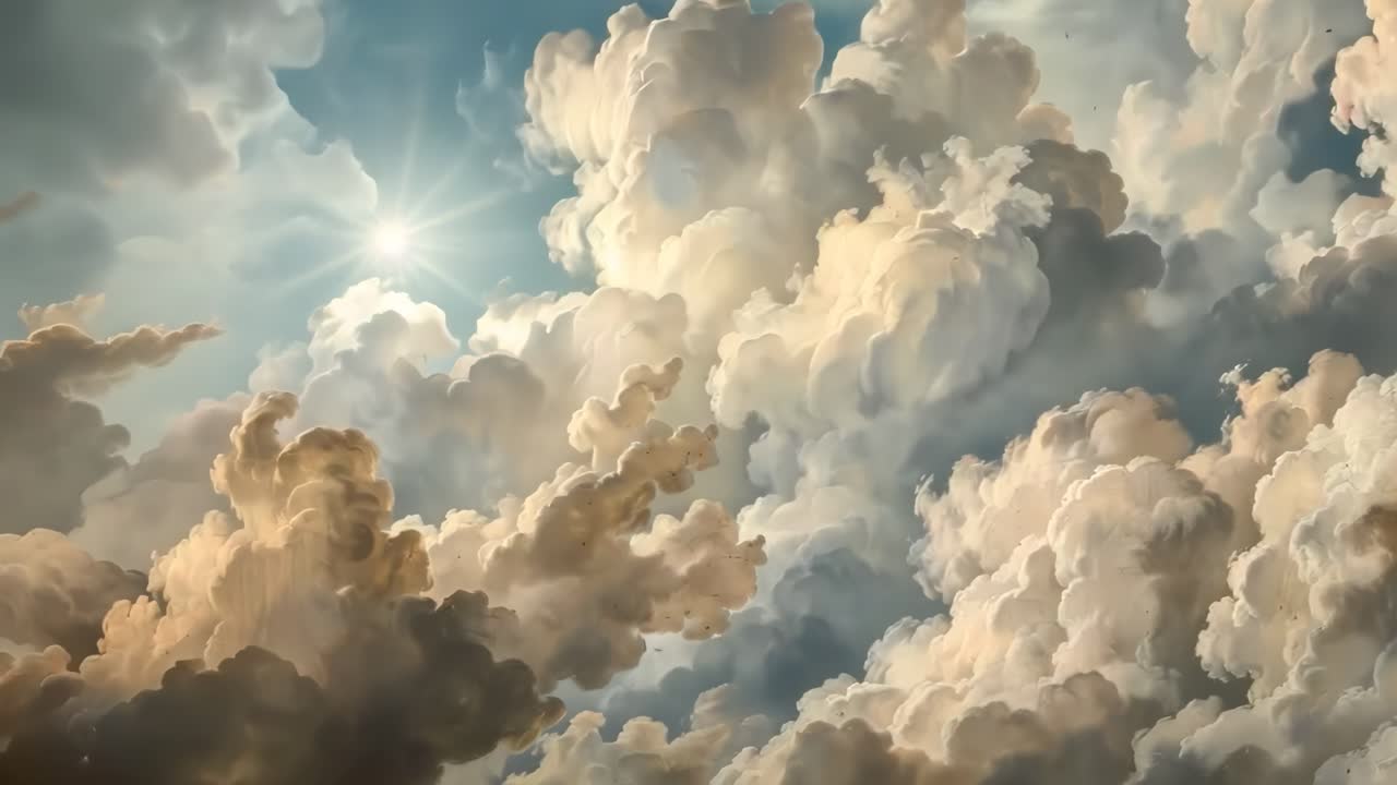 Vista aerea di nuvole pittoriche e suggestive in un cielo sereno, che evocano un'atmosfera onirica, perfetta
