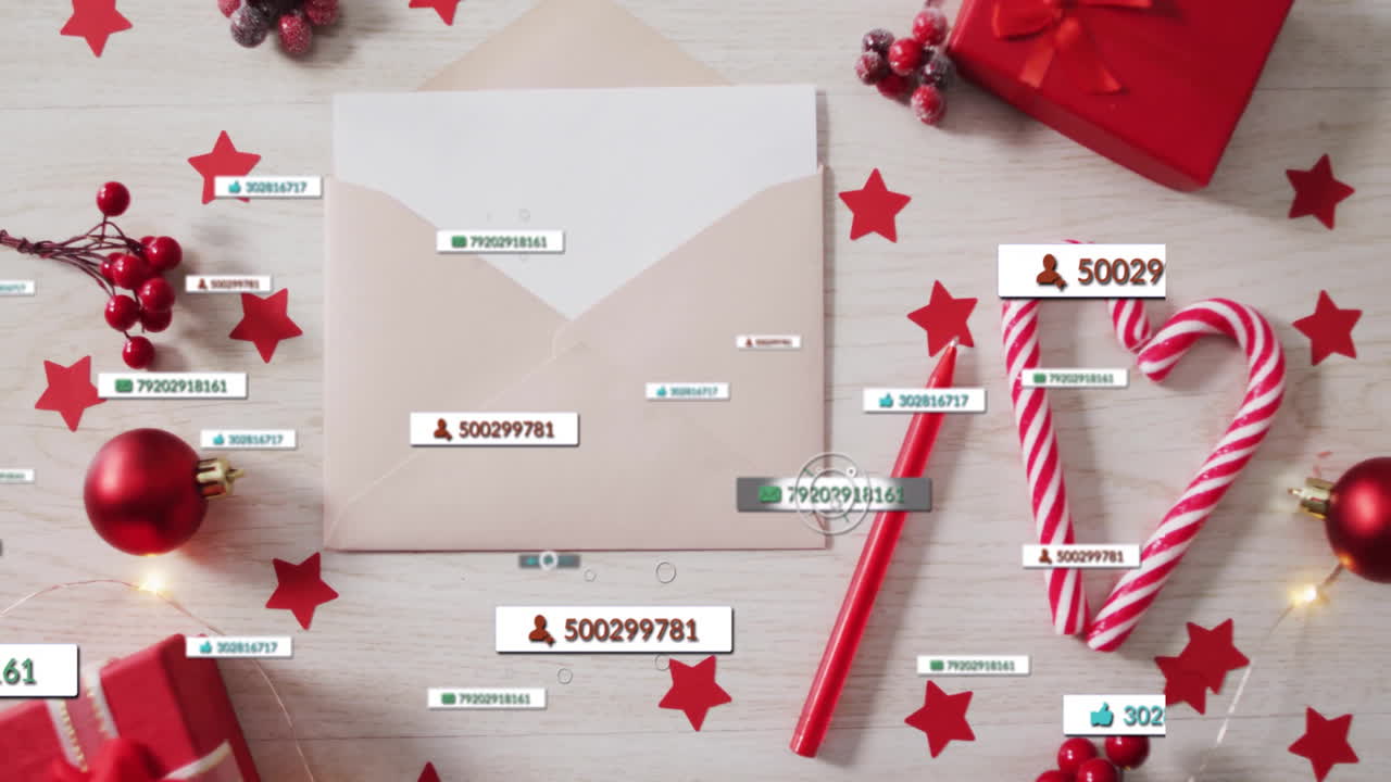 Animation of digital notifications overlay on envelope and candy cane with red stars