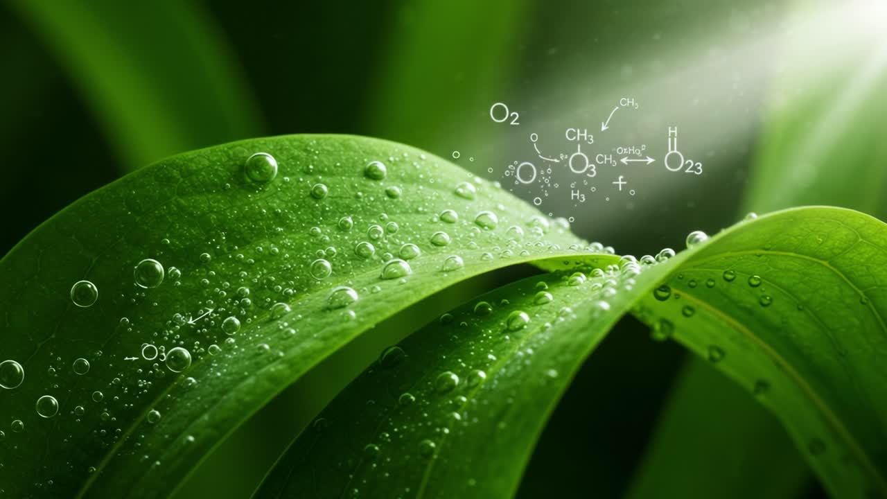 Exquisite Close-Up of Moist Green Leaves Highlighting Water Droplets and Chemical Structures in Radiant Natural Light