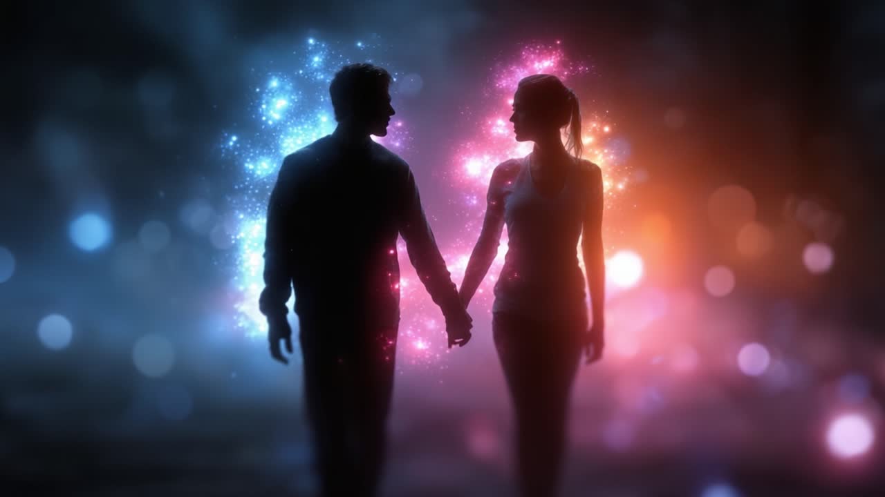 Una silhouette romantica di una coppia che si tiene per mano su uno sfondo cosmico ricco di colori vivaci e luci scintillanti, a simboleggiare l'amore e la connessione