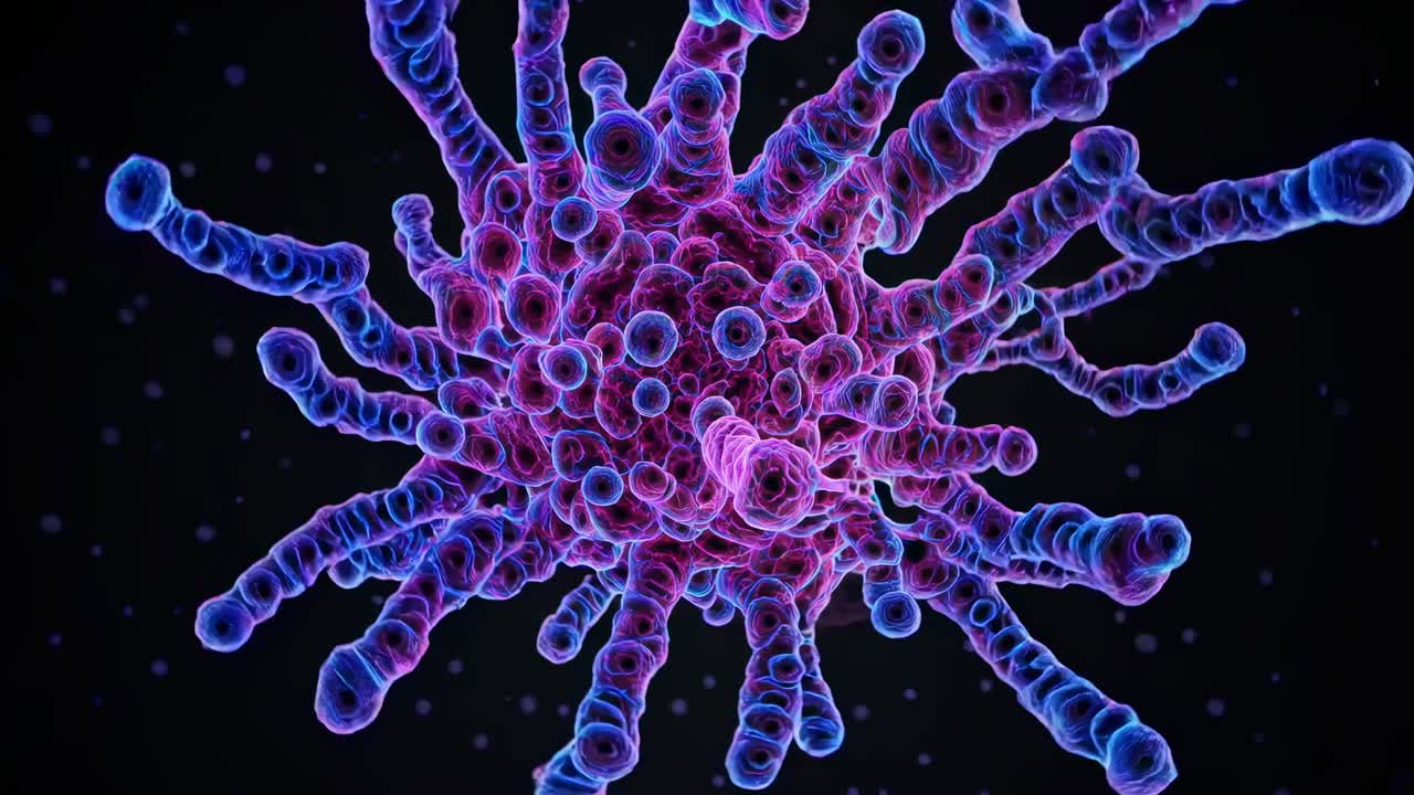 Close-up video of a vibrant, glowing blue and purple virus model, captured from a top-down angle