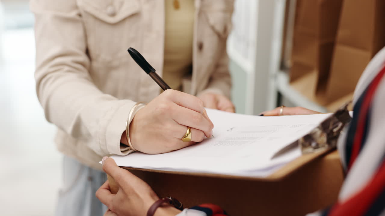 Person signing for package delivery