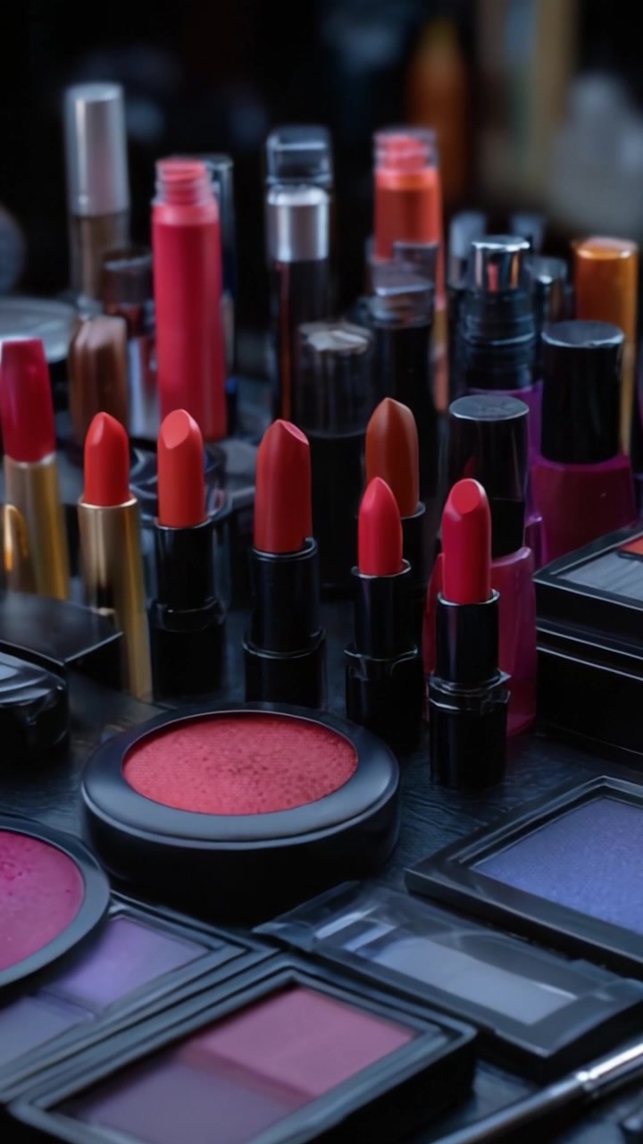 An Array of Vibrant Cosmetic Products Including Lipsticks, Blushes, and Eyeshadows on a Dark Surface Perfect for Makeup Enthusiasts and Artists