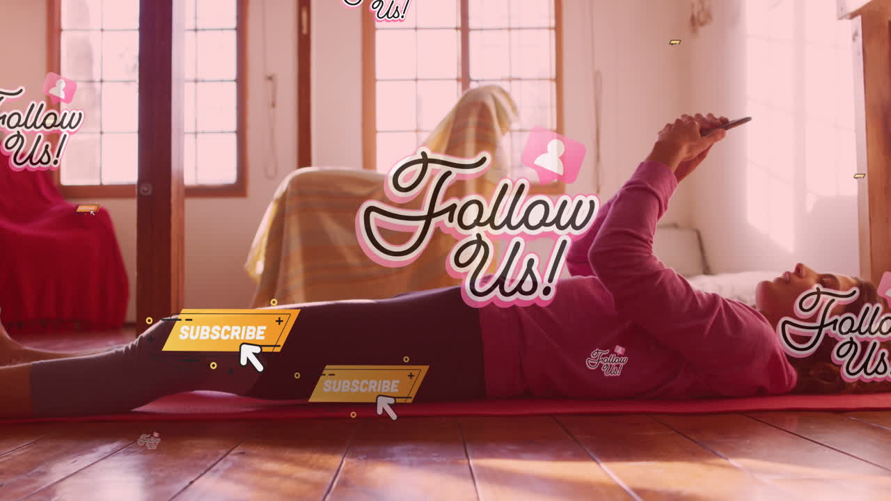 스마트 폰을 사용하여 운동하는 여성 위에 소셜 미디어 아이콘과 함께 우리를 따르는 텍스트의 애니메이션