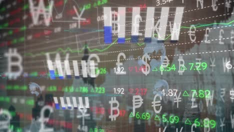 animation of currency symbols and and stock market data processing against view of cityscape