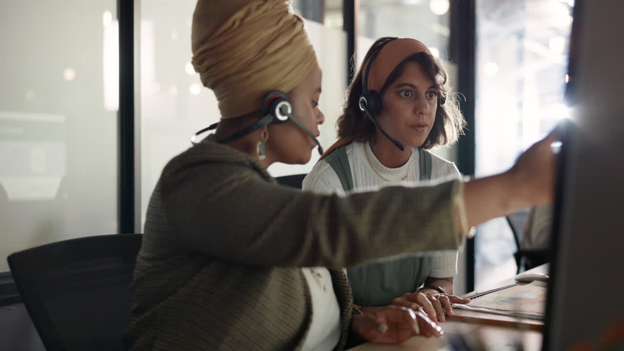 Call center, training and black woman coaching