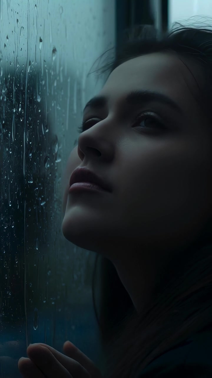 Vídeo vertical: Mão apoiada na janela, mulher de casaco escuro inclinando-se enquanto a chuva estimula a mente, com espaço para texto.