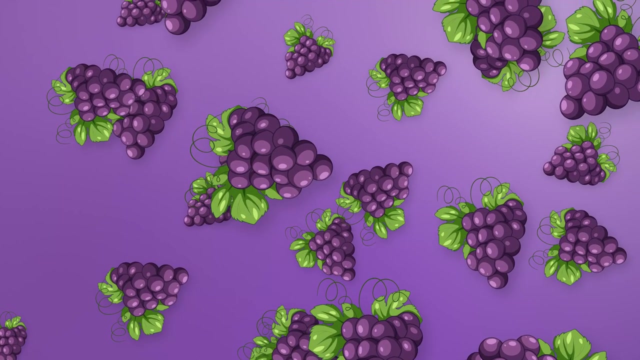 Grappoli d'uva viola stilizzati che cadono verticalmente su uno sfondo a rete con gradiente viola vibrante