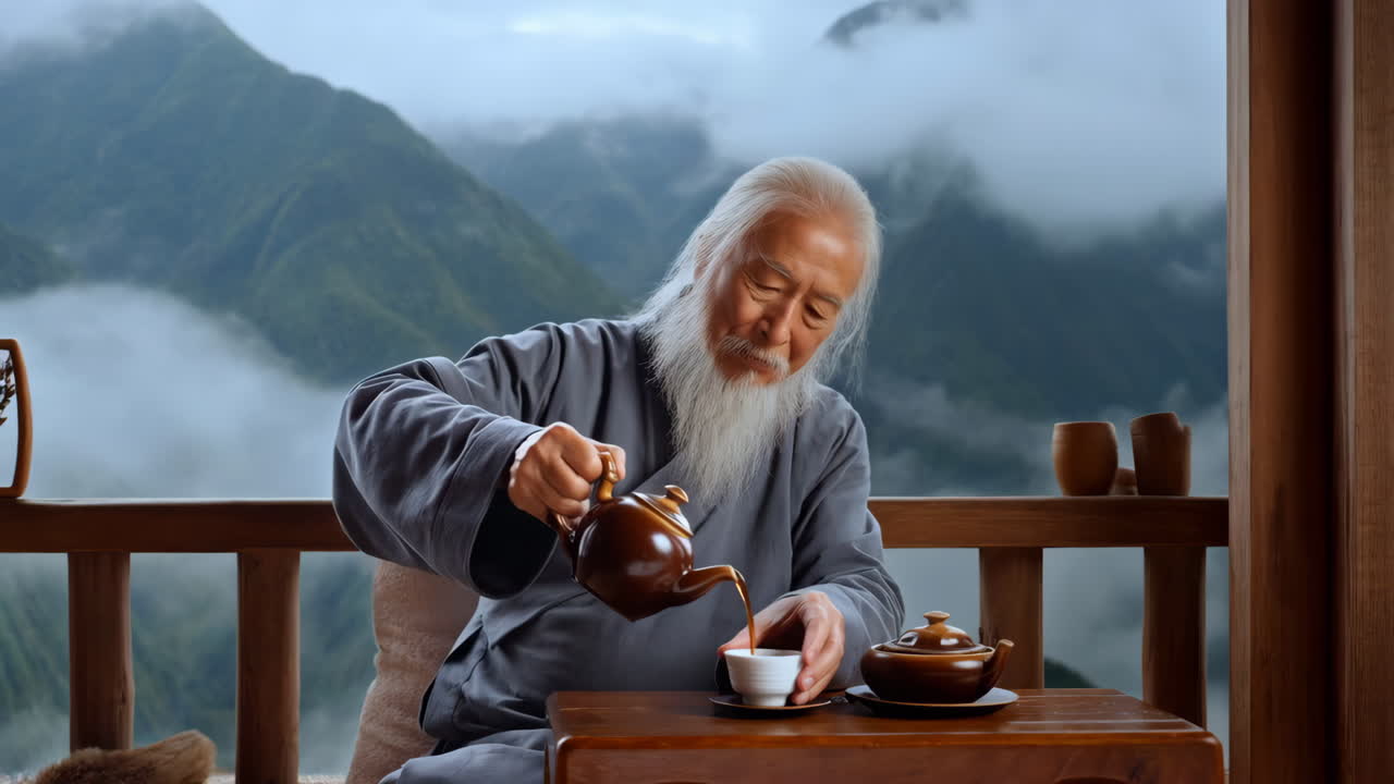 Elderly Man Enjoying a Tea Ceremony in a Mountain View
