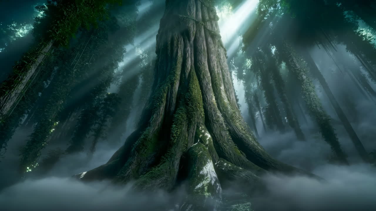 Majestic Ancient Tree in a Sunlit Misty Forest