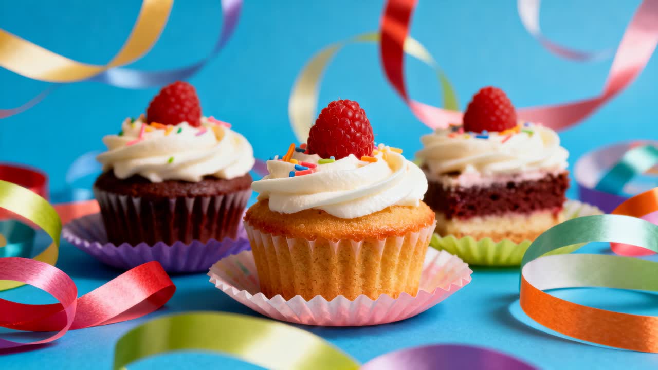 Telecamera che zooma, avvicinando un trio di cupcake su un tavolo da studio, mostrando glassa, lamponi e nastri