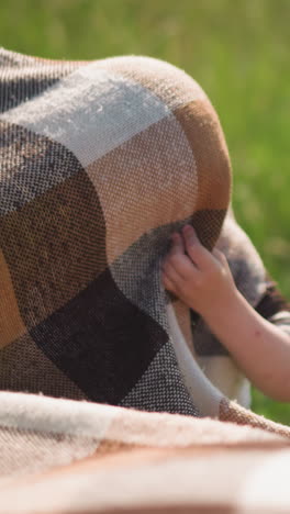 a young boy is playfully covered by a large plaid scarf in a grassy field. the child s hand peeks out from under the scarf, moment in the warmth of a sunny day surrounded by nature