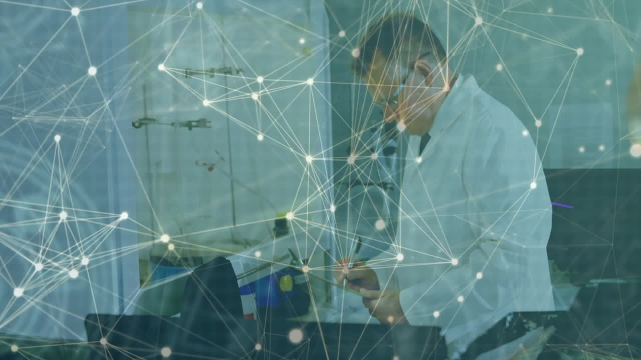 In laboratory, scientist working with network connections and animation data processing