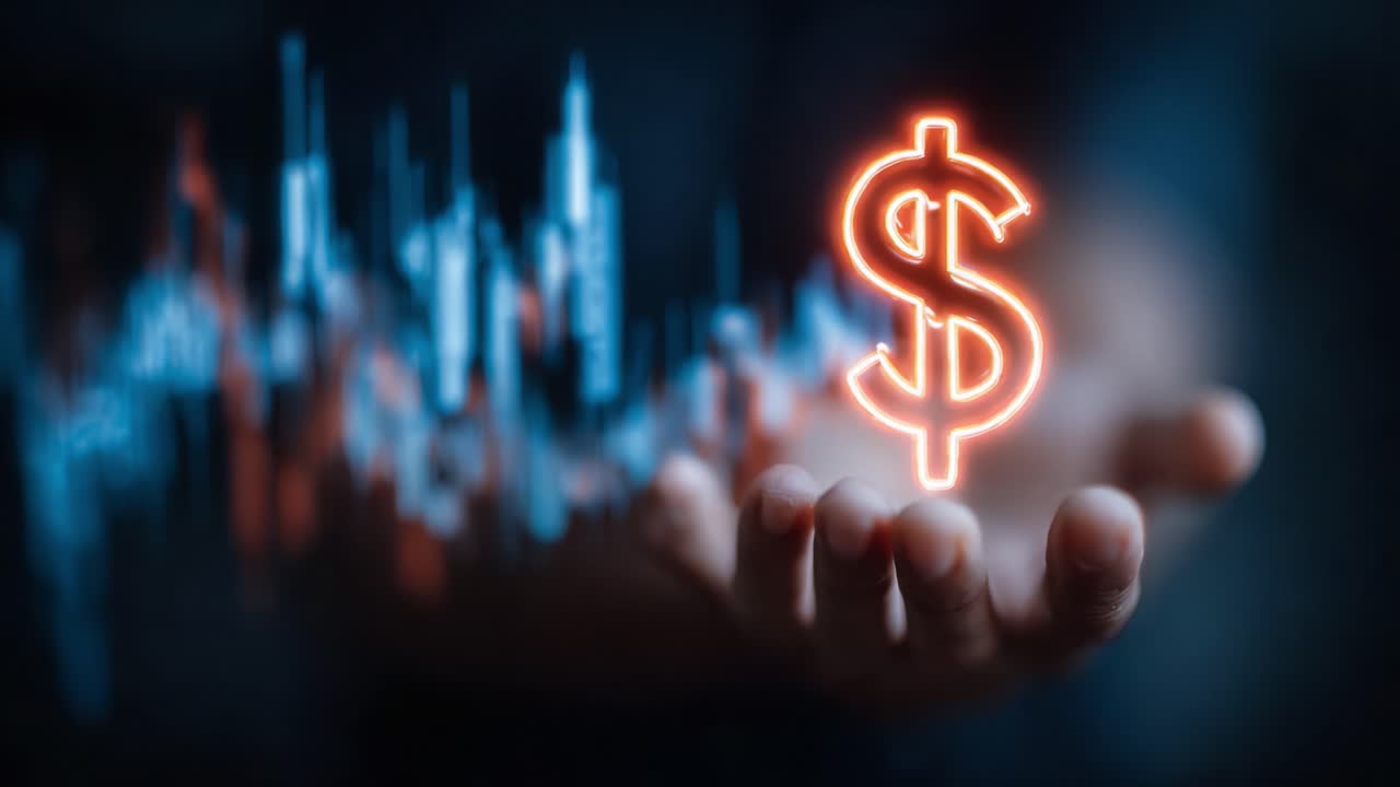 Una rappresentazione visiva della crescita finanziaria: Mano che tiene un simbolo del dollaro luminoso su uno sfondo di vivaci grafici e tendenze finanziarie