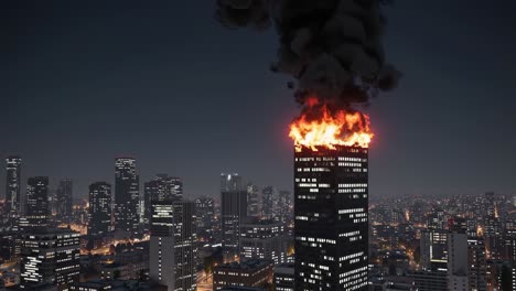huge fire burning on top of a skyscraper in the city center at night, causing a large plume of black smoke, creating a dramatic and apocalyptic scene