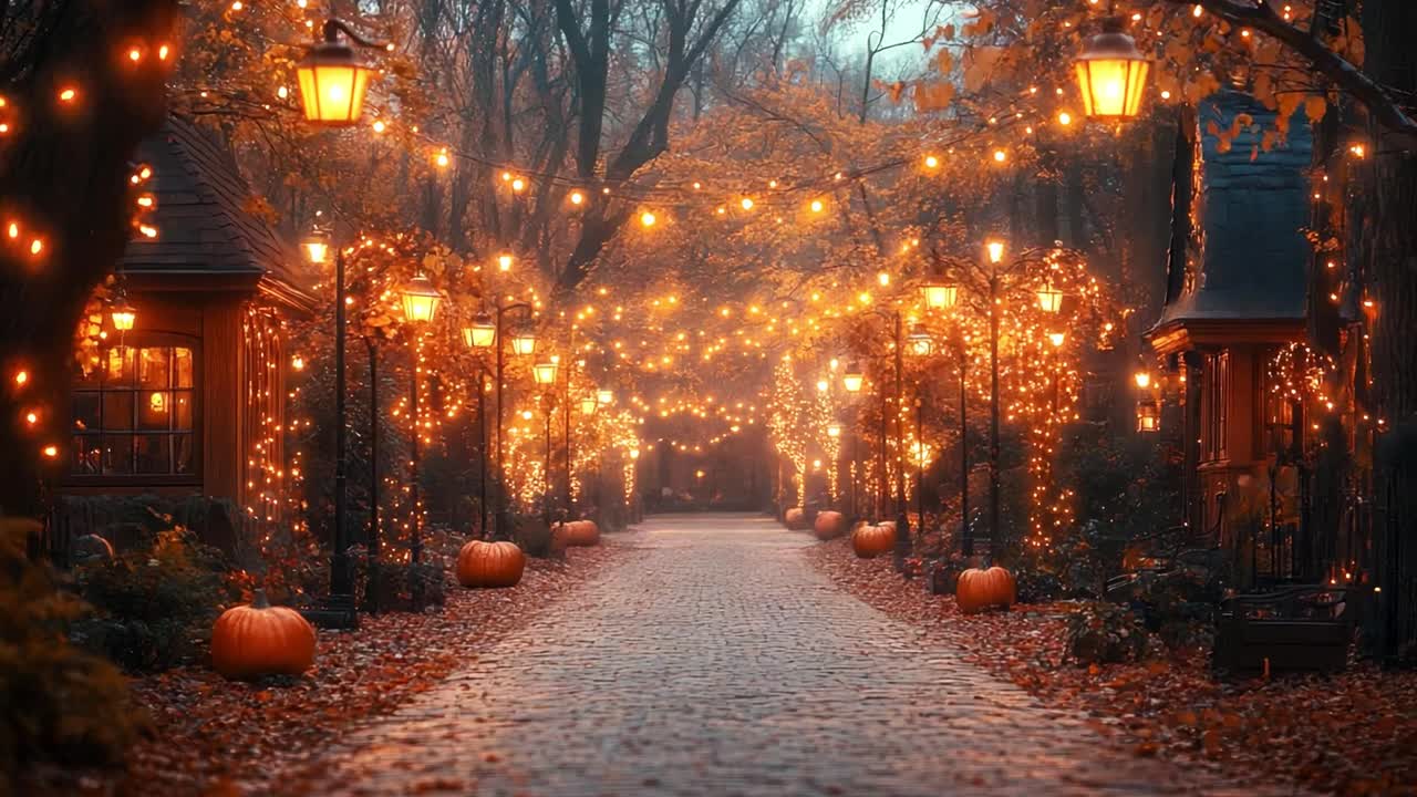 Autumn Path with Pumpkins and Lights
