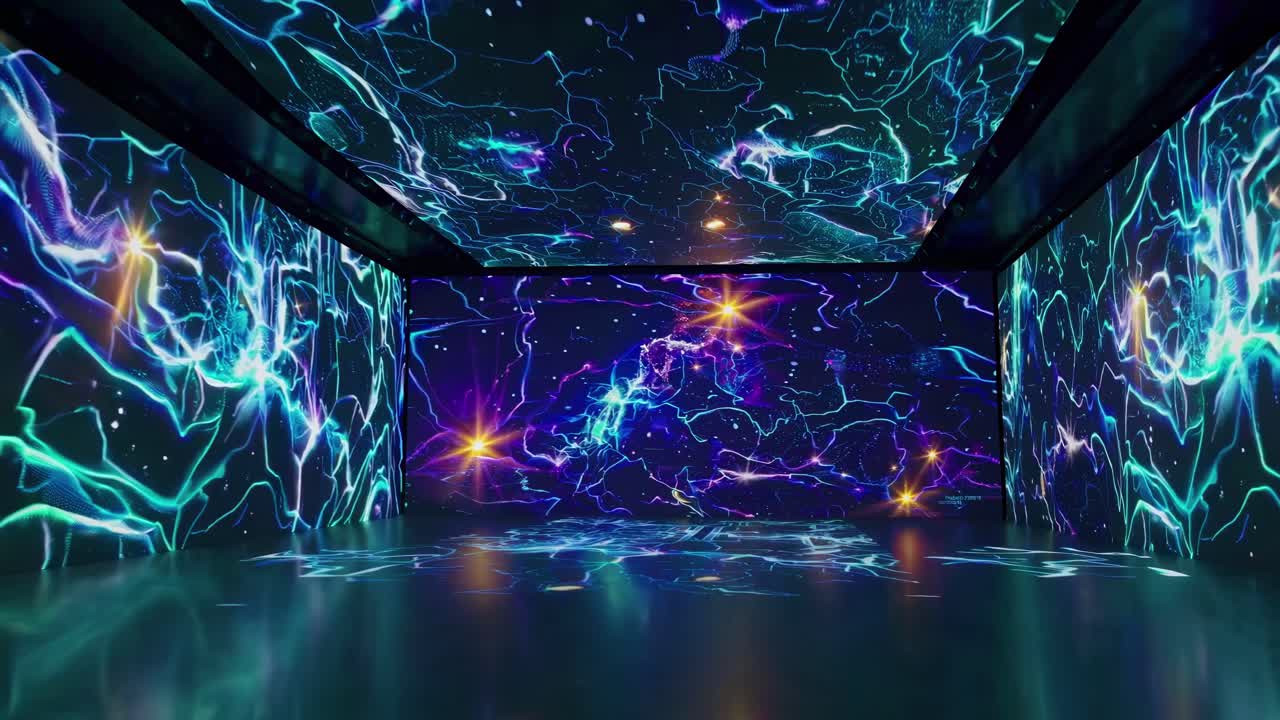 Immersive video art installation with neon light patterns on walls and ceiling