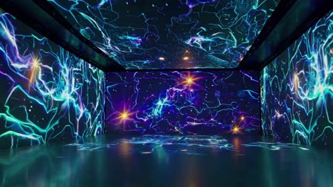 immersive video art installation with neon light patterns on walls and ceiling