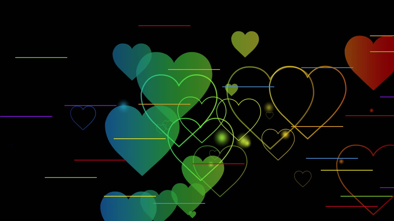 검은 바탕 위에 무지개 심장의 애니메이션