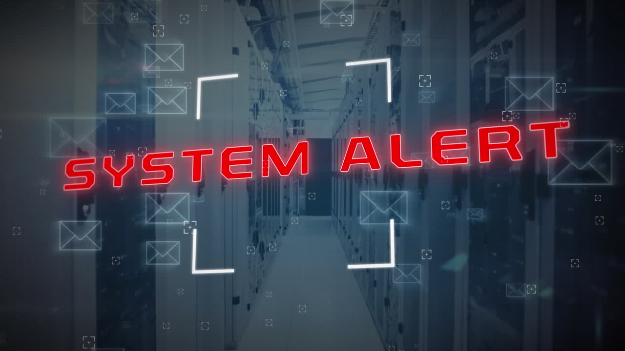 Animation of system alert text, viewfinder, envelope icons over data server room