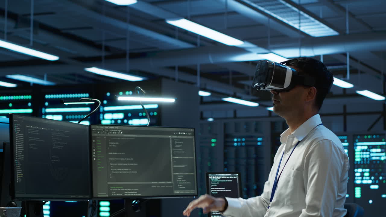 Engineer wearing VR headset in data center installing software