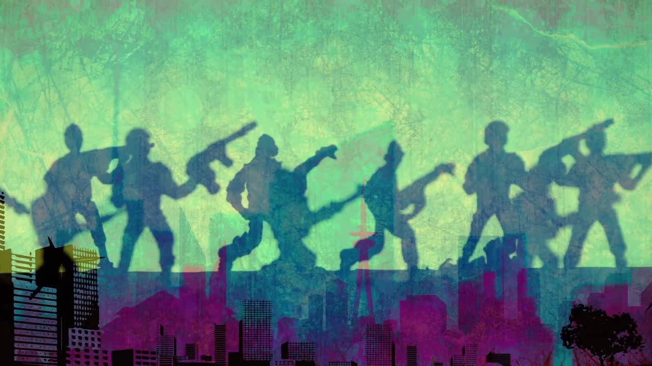 animación de sombras de soldados sobre un fondo verde