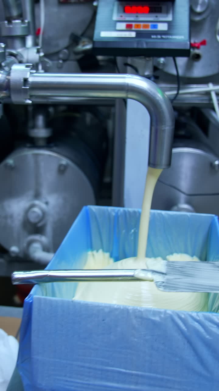 Industrial equipment for milk production. Fresh milk product pouring into special containers. Making butter on a milk factory.. Vertical video