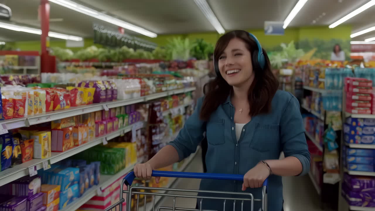 Happy woman shopping in a supermarket with headphones