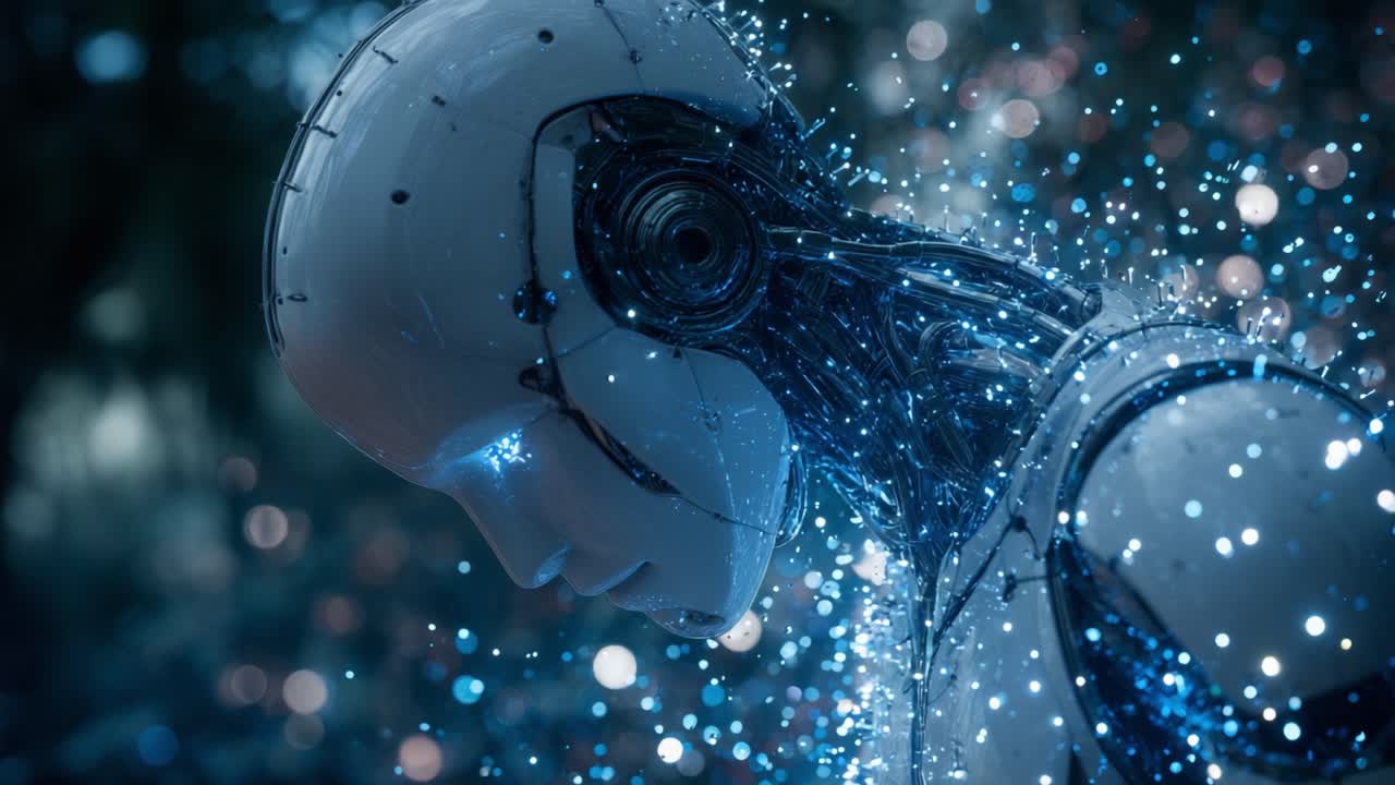Advanced female humanoid robot with a damaged neck. Revealing glowing wires and emitting blue energy particles in a dark environment. Symbolizing the concept of artificial intelligence consciousness