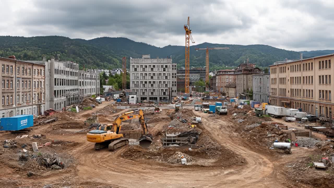 Construction Site Transformation: Evolving Urban Landscape Depicting Heavy Machinery and Structural Developments Amidst Clouds and Mountains