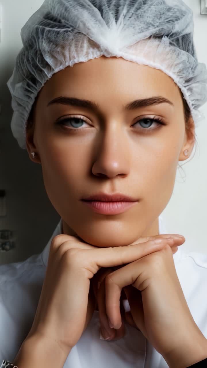 Un ritratto accattivante di una persona sicura di sé che indossa una retina per capelli, con sorprendenti occhi azzurri e un'espressione serena, che incarna professionalità e compostezza