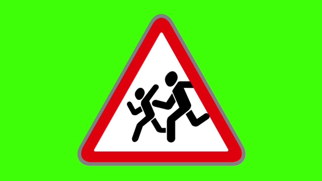 초록색 화면, 도로 표지판 아이콘, 학교 위험 당신 앞에