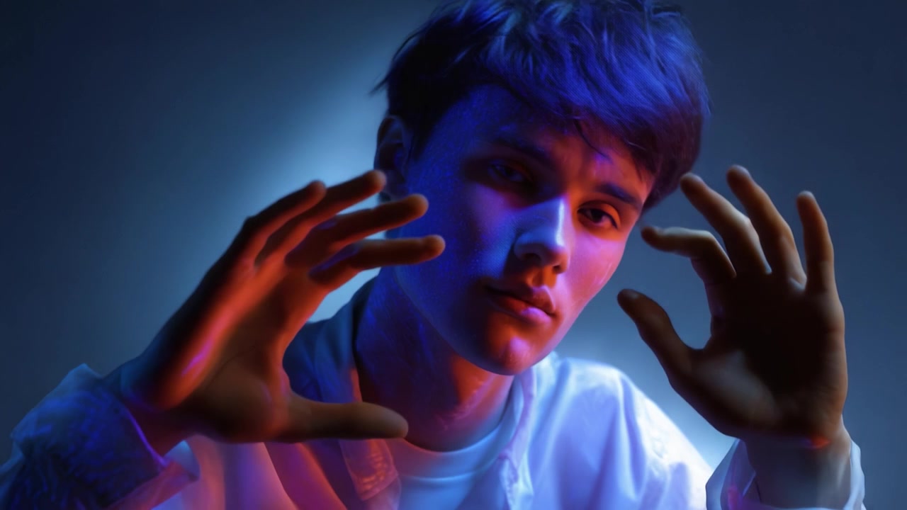 Un retrato artístico de un joven contra un fondo vibrante, destacando la expresión emocional a través de gestos y técnicas de iluminación coloridas.