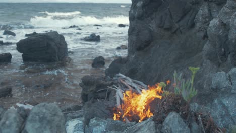 Fire-by-seaside-coastal-slow-motion-wide-shot-4K