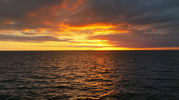 Aerial drone view of the North sea in Denmark at sunset