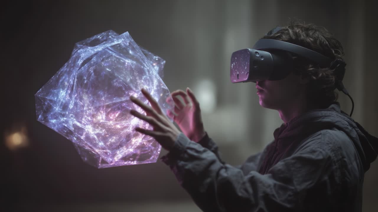 A mesmerizing scene featuring a user immersed in a virtual reality experience, interacting with a captivating holographic projection that showcases vibrant cosmic patterns and 3D geometric shapes