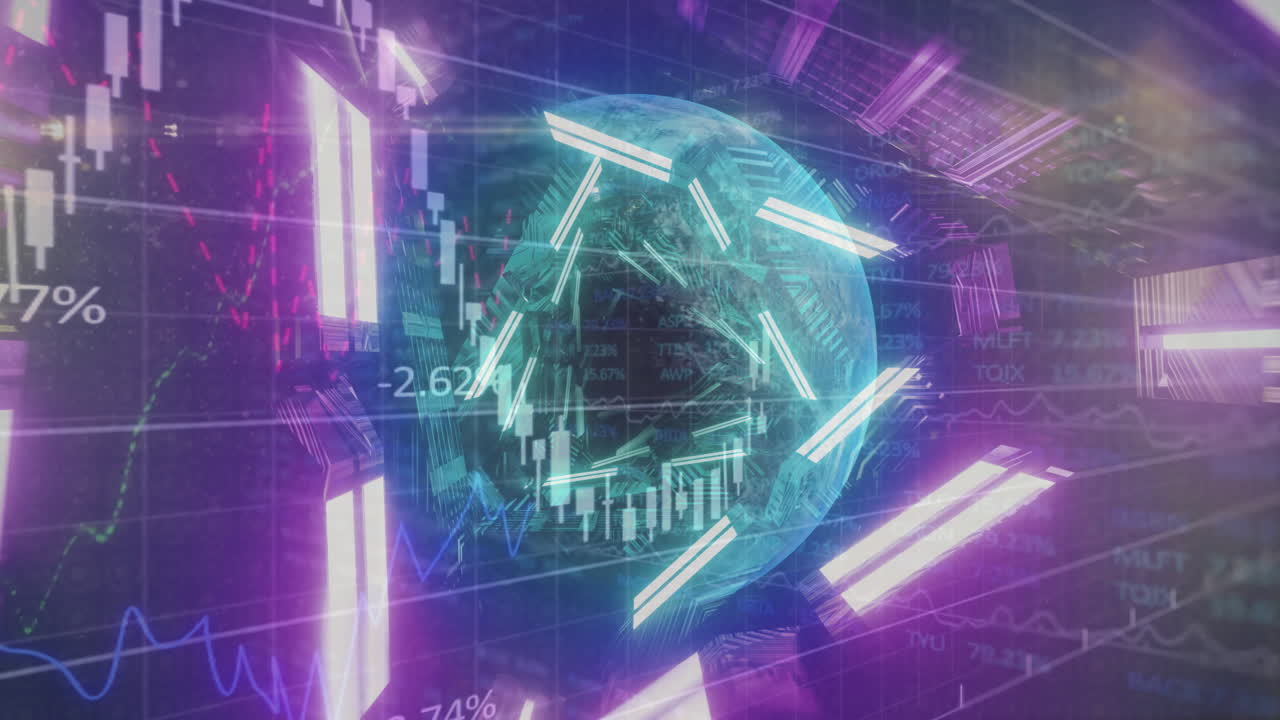 Animation of glowing geometric shapes and financial graphs overlaying digital globe