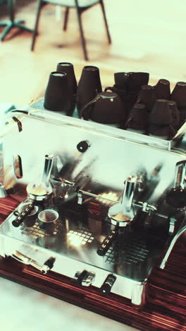 close up of a stainless steel espresso machine with cups on top