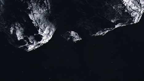 acorazado futurista en el espacio ultraterrestre volando más allá de un gran asteroide