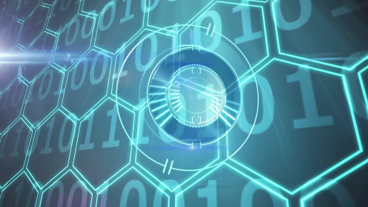 Digital clock animation over binary code and hexagonal network pattern