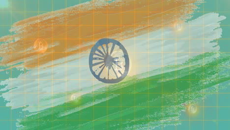 Animation-Von-Bitcoin-Symbolen,-Die-über-Die-Indische-Flagge-Im-Hintergrund-Fließen