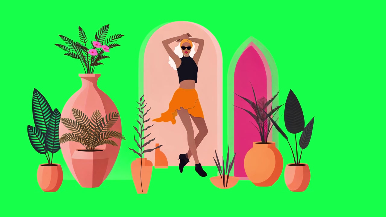 Mulher Animada Estilosa Posando com Plantas em Tela Verde