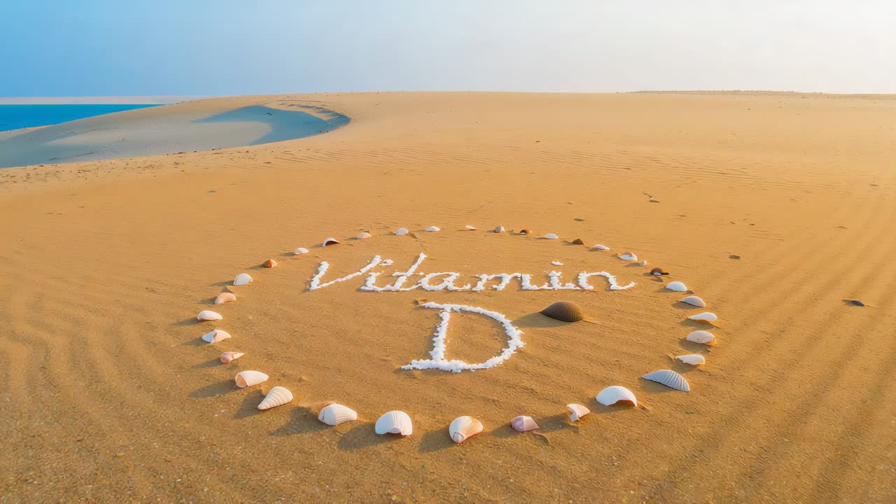 Tracking camera approaching shell ring on sand dune to reveal 'Vitamin D' spelled with dark rock