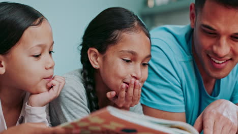 Father,-happy-kids-and-reading-books-in-bedroom