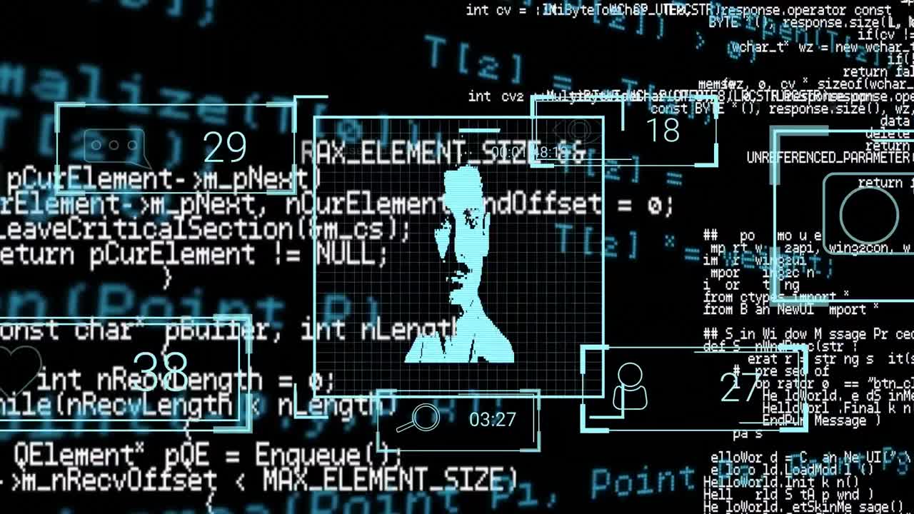어두운 배경 위의 디지털 데이터 처리의 애니메이션