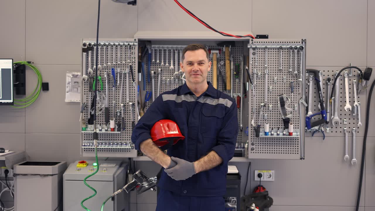 Portrait of a car mechanic in a car workshop with equipment on the background