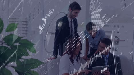 animation of interface with data processing against diverse businesspeople discussing at office