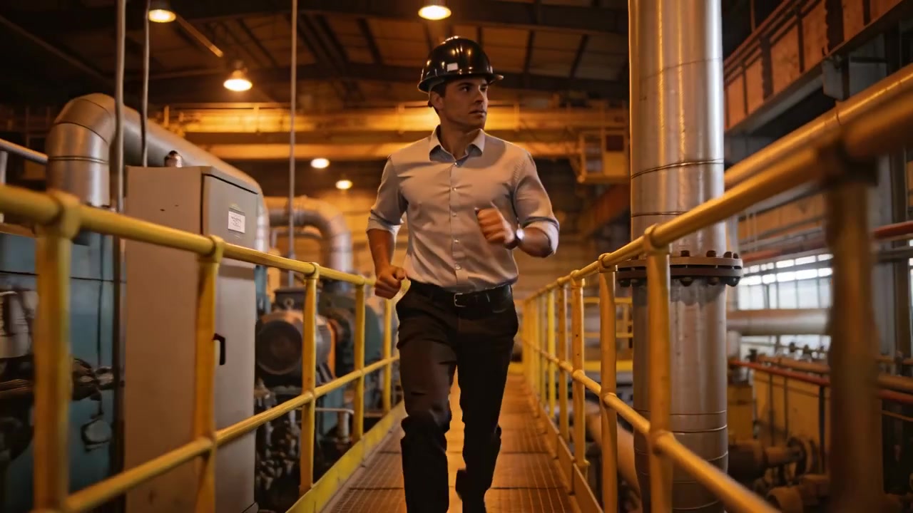Running plant worker in black hard hat and rolled sleeves crossing metal catwalk, scanning pumps