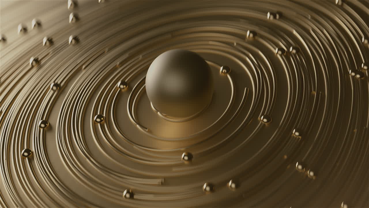 Curly golden abstract in circle lines together with particles on blurred bokeh background