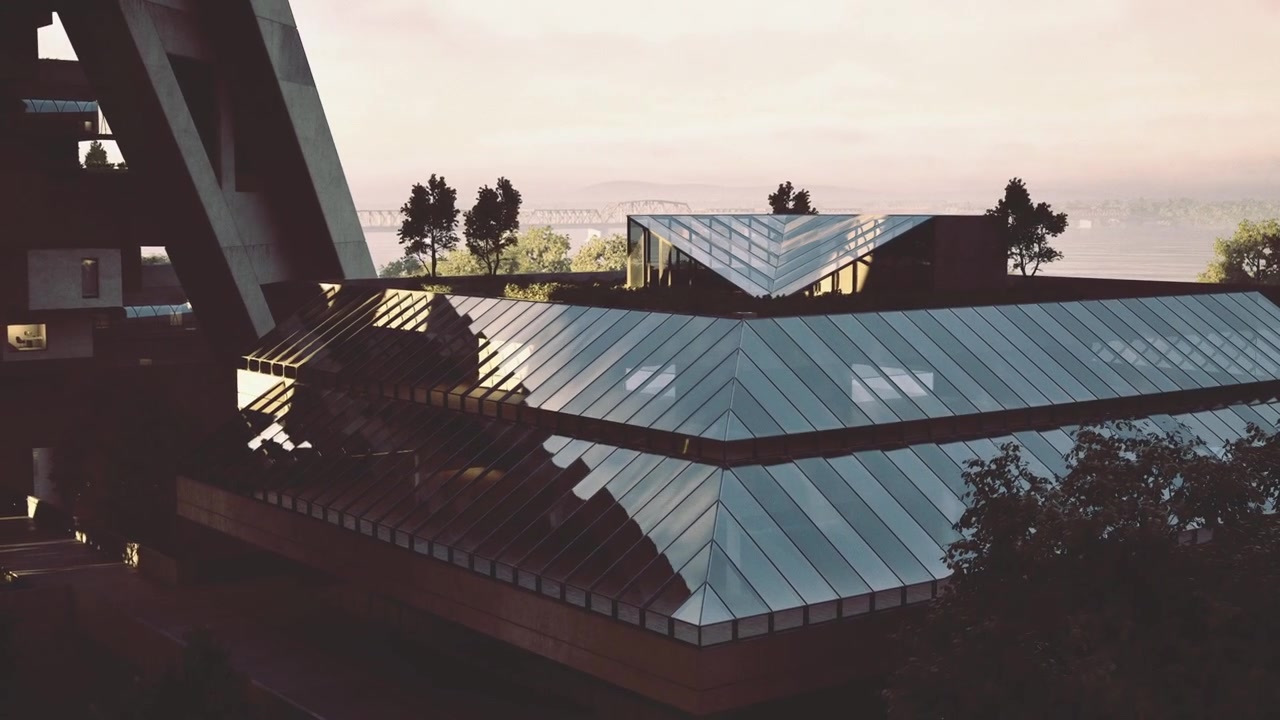 El resplandor del atardecer realza el diseño geométrico bajo superficies de techo espejadas.